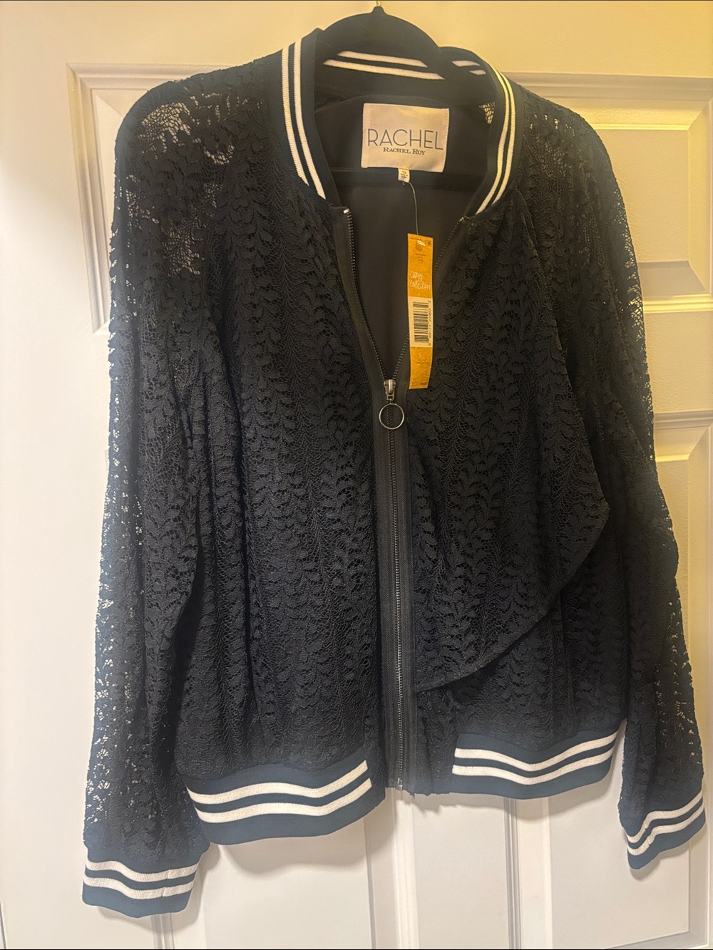 Rachel Roy Black Lace Bomber Jacket with Striped Trim
